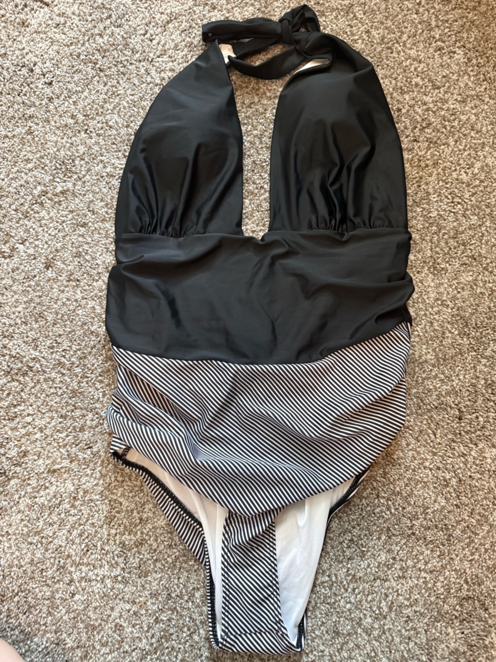 Black Halter One-Piece Swimsuit with Striped Skirted Bottom